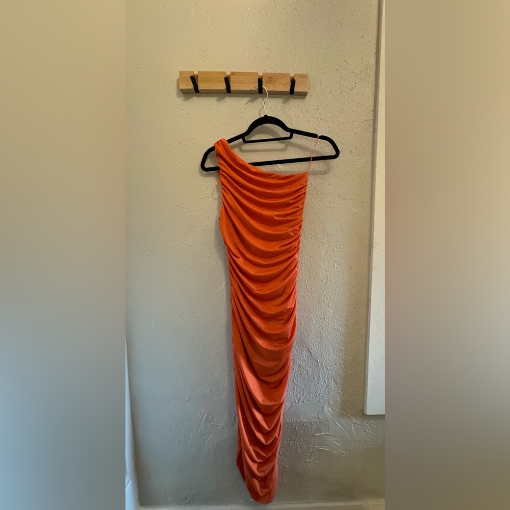 Orange Asymmetrical Ruched One-Shoulder Dress